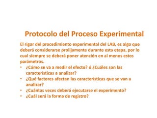 Protocolo del Proceso Experimental
El rigor del procedimiento experimental del LAB, es algo que
deberá considerarse prolijamente durante esta etapa, por lo
cual siempre se deberá poner atención en al menos estos
parámetros.
• ¿Cómo se va a medir el efecto? ó ¿Cuáles son las
    características a analizar?
• ¿Qué factores afectan las características que se van a
    analizar?
• ¿Cuántas veces deberá ejecutarse el experimento?
• ¿Cuál será la forma de registro?
 