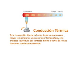 Conducción Térmica
Es la transmisión directa del calor desde un cuerpo con
mayor temperatura a uno con menor temperatura, este
traspaso se produce por contacto directo a través de lo que
llamamos conductores térmicos.
 