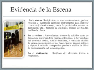 Evidencia de la Escena
•  En la escena: Recipientes con medicamentos o no, polvos,
residuos y sustancias químicas, instrumentos para elaborar
el veneno (tubo de ensayo, vasos de precipitados, matraz de
destilación, etc.), facturas de químicos, marcas de pisadas,
huellas dactilares.
•  En la victima : Antecedentes: intento de suicidio, carta de
despedida, síntomas de la persona intoxicada, si hay residuos
del elemento toxico, huellas dactilares, y realizarle análisis
de sangre, jugo gástrico, orina, heces, humor acuoso, riñones
y hígado. Realizarle la respectiva prueba o análisis de Nivel
de Concentración del toxico ingerido.
•  En el victimario: Residuos del elemento toxico o
recipientes.
 