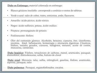 Daño en Estómago: material coloreada en estómago:
•  Blanco grisáceo insoluble: corresponde a arsénico o restos de tabletas.
•  Verde o azul: sales de cobre, tintes, estricnina, yodo, fluoruros.
•  Amarillo: ácido pícrico, ácido nítrico.
•  Negro: ácido sulfúrico, potasa, ácido oxálico.
•  Púrpura: permanganato de potasio.
•  Fosforescente: fósforo.
•  Olor del contenido gástrico. Alcoholes, benceno, cianuros, éter, cloroformo,
nicotina, fenol. Inflamación, hemorragia y ulceración digestivas. Cáusticos,
fósforo, metales pesados, cianuros, halógenos, metanol, aceite de crotón,
muscarina, cantáridas.
Daño hepático: Fósforo, tetracloruro de carbono, etanol, arsenicales, paraquat,
dinitrofenol, dinitrobenceno, sulfas, hidrato de cloral
Daño renal: Mercurio, talio, sulfas, etilenglicol, gasolina, fósforo, arsenicales,
aspirina, paraquat, talio.
Daño pulmonar. Paraquat, organofosforados, cocaína.
 