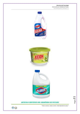 LaboratoriodeToxicología
Intoxicaciónpor Hidróxidode Potasio
5to de Bioquímica y Farmacia “A”
“Todo es veneno, nada es veneno. Todo depende de la dosis.”
Página11
 