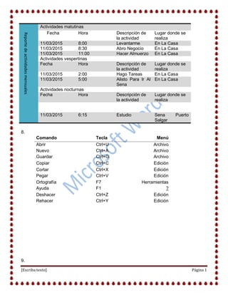 [Escriba texto] Página 1
Actividades matutinas
Fecha Hora Descripción de
la actividad
Lugar donde se
realiza
11/03/2015 8:00 Levantarme En La Casa
11/03/2015 8:30 Abro Negocio En La Casa
11/03/2015 11:00 Hacer Almuerzo En La Casa
Actividades vespertinas
Fecha Hora Descripción de
la actividad
Lugar donde se
realiza
11/03/2015 2:00 Hago Tareas En La Casa
11/03/2015 5:00 Alisto Para Ir Al
Sena
En La Casa
Actividades nocturnas
Fecha Hora Descripción de
la actividad
Lugar donde se
realiza
1111/03/2015 6:00 Estudiar En el SENA
11/03/2015 6:15 Estudio Sena Puerto
Salgar
8.
Comando Tecla Menú
Abrir Ctrl+U Archivo
Nuevo Ctrl+A Archivo
Guardar Ctrl+G Archivo
Copiar Ctrl+C Edición
Cortar Ctrl+X Edición
Pegar Ctrl+V Edición
Ortografía F7 Herramientas
Ayuda F1 ?
Deshacer Ctrl+Z Edición
Rehacer Ctrl+Y Edición
9.
Reportedeactividadesmensuales
 