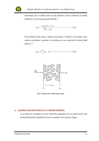 Difusión Molecular en Estado Estacionario en una Película Porosa


             sinuosidad. (En el sólido inerte no hay difusión). Para la difusión de estado
             estable de la sal de una solución diluida. [2]


                                           D AB ( C A1 − C A 2 )
                             NA =      E
                                                                 − − − − − − − − − − − − (13)
                                            T ( Z1 − Z 2 )


             Para sólidos de tipo inerte, r puede variar desde 1.5 hasta 5. En muchos casos
             resulta conveniente combinar los terminas en una expresión de difusividad
             efectiva. [2]


                                       E
                             D Aef =     D AB m 2 / s − − − − − − − − − − − − − −(14 )
                                       t




                              FIG. 3 Esquema de un sólido poroso típico




4. EJEMPLO DE DIFUSION EN UN MEDIO POROSO:
       Si se tienen un recipiente con dos soluciones separadas por un medio poroso que
       están perfectamente agitados tal como se muestra en la siguiente figura.




Transferencia de Masa                                                                           11
 