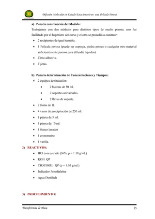 Difusión Molecular en Estado Estacionario en una Película Porosa


       a) Para la construcción del Modulo:
       Trabajamos con dos módulos para distintos tipos de medio poroso, uno fue
       facilitado por el Ingeniero del curso y el otro se procedió a construir:
         •   2 recipientes de igual tamaño.
         •   1 Película porosa (puede ser esponja, piedra pomes o cualquier otro material
             suficientemente poroso para difundir líquidos)
         •   Cinta adhesiva.
         •   Tijeras.


       b) Para la determinación de Concentraciones y Tiempos:
         •   2 equipos de titulación:
               •          2 buretas de 50 ml.
               •          2 soportes universales.
               •          2 llaves de soporte.
         •   2 fiolas de 1L
         •   4 vasos de precipitación de 250 ml.
         •   1 pipeta de 5 ml.
         •   1 pipeta de 10 ml.
         •   1 frasco lavador
         •   1 cronometro
         •   1 varilla.
2) REACTIVOS:
         •   HCl concentrado (36%, ρ = 1.19 g/ml.)
         •   KOH QP
         •   CH3COOH QP (ρ = 1.05 g/ml.)
         •   Indicador Fenoftaleína
         •   Agua Destilada




3) PROCEDIMIENTO:



Transferencia de Masa                                                                 15
 