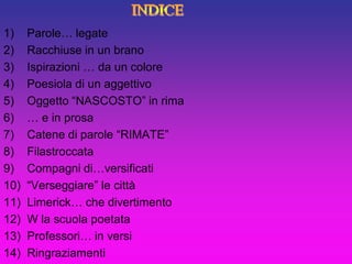 1)    Parole… legate
2)    Racchiuse in un brano
3)    Ispirazioni … da un colore
4)    Poesiola di un aggettivo
5)    Oggetto “NASCOSTO” in rima
6)    … e in prosa
7)    Catene di parole “RIMATE”
8)    Filastroccata
9)    Compagni di…versificati
10)   “Verseggiare” le città
11)   Limerick… che divertimento
12)   W la scuola poetata
13)   Professori… in versi
14)   Ringraziamenti
 