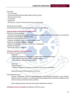 [UNIDAD DE CARDIOLOGÍA] Universidad de La Frontera


Situacional:
– Tos, estornudos
– Estimulación gastrointestinal (tragar, defecar, dolor visceral)
– Micción (posmiccional)
– Tras ejercicio
– Posprandial
– Otros (p. ej., risa, tocar instrumentos de viento, levantar pesas)

Síncope del seno carotídeo:
Formas atípicas (sin desencadenantes aparentes y/o presentación atípica)

2)Síncope debido a hipotensión ortostática (9.4%)
Disfunción autónoma primaria:
– Disfunción autonómica primaria pura, atrofia sistémica múltiple, enfermedad de Parkinson con disfunción
autonómica, demencia de los cuerpos de Lewy
Disfunción autonómica secundaria:
– Diabetes, amiloidosis, uremia, lesión de la médula espinal
Hipotensión ortostática inducida por fármacos:
– Alcohol, vasodilatadores, diuréticos, fenotiazinas, antidepresivos
Depleción de volumen:
– Hemorragia, diarrea, vómitos, etc.

3) Síncope cardiaco o cardiovascular (9.5%)
La arritmia es la causa primaria:
        Bradicardia:
        – Disfunción del nodo sinusal (incluido el síndrome de bradicardia/taquicardia)
        – Enfermedad del sistema de conducción auriculoventricular
        – Disfunción de un dispositivo implantable

        Taquicardia:
        – Supraventricular
        – Ventricular (idiopática, secundaria a cardiopatía estructural o a canalopatía)

        Bradicardia y taquiarritmias inducidas por fármacos

Enfermedad estructural:
      Cardiaca: valvulopatía, infarto de miocardio/isquemia, miocardiopatía hipertrófica, masas cardiacas
      (mixoma auricular, tumores, etc.), enfermedad pericárdica/taponamiento, anomalías congénitas de las
      arterias coronarias, disfunción valvular protésica

        Otras: embolia pulmonar, disección aórtica aguda, hipertensión pulmonar.

4) Síncope de causa no conocida (corresponde al 37% de los casos)


                                                                                                      15
 