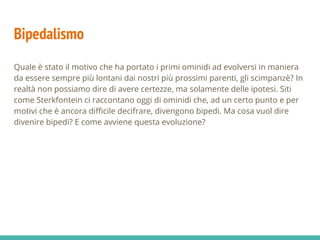 Bipedalismo
Quale è stato il motivo che ha portato i primi ominidi ad evolversi in maniera
da essere sempre più lontani dai nostri più prossimi parenti, gli scimpanzè? In
realtà non possiamo dire di avere certezze, ma solamente delle ipotesi. Siti
come Sterkfontein ci raccontano oggi di ominidi che, ad un certo punto e per
motivi che è ancora difficile decifrare, divengono bipedi. Ma cosa vuol dire
divenire bipedi? E come avviene questa evoluzione?
 