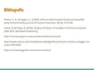 Bibliografia
Peters, C. R., & Vogel, J. C. (2005). Africa's wild C4 plant foods and possible
early hominid diets.Journal of human evolution, 48 (3), 219-236
Lewin, R, & Foley, R, (2004) Origins of Homo. Principles of Human Evolution
(284-307). Blackwell Publishing.
http://humanorigins.si.edu/evidence/behavior/tools
http://www.nature.com/scitable/knowledge/library/homo-erectus-a-bigger-sm
arter-97879043
http://archaeologyinfo.com/homo-erectus/
 