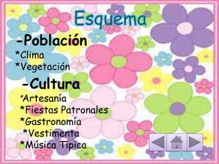 -Población
*Clima
*Vegetación
-Cultura
*Artesanía
*Fiestas Patronales
*Gastronomía
*Vestimenta
*Música Típica
 