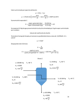10
Calorsuministradoporvaporde calefacción
𝑞 = 𝑆(𝐻𝑆 − ℎ 𝑆)
𝑞 = (70.04 𝐼𝑏) (1159.8
𝐵𝑇𝑈
𝐼𝑏
− 162.1
𝐵𝑇𝑈
𝐼𝑏
) = 69879.22 𝐵𝑇𝑈
Economía del evaporador1
𝐸 =
𝑣𝑎𝑝𝑜𝑟 𝑔𝑒𝑛𝑒𝑟𝑎𝑑𝑜 (𝑘𝑔)
𝑣𝑎𝑝𝑜𝑟 𝑎𝑙𝑖𝑚𝑒𝑛𝑡𝑎𝑑𝑜 (𝑘𝑔)
=
16.166 𝑘𝑔
31.76 𝐾𝑔
= 0.5
Se evaporan0.5 Kg de agua proveniente de lasoluciónalimentadapor1 kg de vapor suministrado
por la caldera
Calculo del coeficiente de diseño
Teniendoel tiempode llenadoyel volumenesposibledeterminarunárea de 0.2276124 m2
o
2.45 ft2
𝑞 = 𝑈𝐴∆𝑇
DespejandoUde la formula
𝑈 =
𝑞
𝐴∆𝑇
𝑈 =
69879.22 𝐵𝑇𝑈
(2.45 𝑓𝑡2)(237.83 °𝐹 − 194°𝐹)
= 650.744
𝑏𝑡𝑢
𝑓𝑡2 ∗ °𝐹 ∗ ℎ
Efecto 2
V2=19.86 kg Tv2=50 °C
XV2=0
HV2=1114.4
𝐵𝑇𝑈
𝐼𝑏
L1=120.864 Kg TL1= 86 °C
XL1= 0.0205
hL1= 155
𝐵𝑇𝑈
𝐼𝑏
V1=16.166 kg Tv1=86°C
XV1=0
HV1=1140.9
𝐵𝑇𝑈
𝐼𝑏
V1=16.166 Kg TV1= 44 °C
XV1= 0
hV1=80
𝐵𝑇𝑈
𝐼𝑏
L2=101.004Kg TL2= 50 °C
XL2= 0.0245
hL2= 90
𝐵𝑇𝑈
𝐼𝑏
 