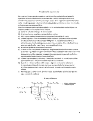 6
Procedimiento experimental
Para lograr régimenpermanente esnecesariorecordarque todaslasvariablesde
operacióndel múltiple efectosonindependientesyporlotanto deben eliminarse
movimientosbruscosde válvulas yenningúncaso se debe esperarreaccióninstantánea
de las variablespuesporestarinterrelacionadas,tardanunmínimode dos o tresminutos
enbuscar su reajuste de equilibrio.
Lograr régimenpermanentenoesmuyfácil y enun momentodadopuede legarseala
evaporacióntotal encualquierade losefectos.
a) Llenarde soluciónel tanque de alimentación
b) Arrancar a bomba para hacer vacío entodo el equipo
c) Abrirtodas lasválvulasde equipoexceptoade alimentaciónde vapor
d) Una vez logradoe vacío uniforme entodoel equipose llenade soluciónel primer
efectoyaumentarvapor hastalograr 0.4 Kg/cm2
de presiónena calandria.Al
alimentarvaporlaválvulade purgade gasesincondensablesdebe estartotalmente
abiertay cuandosalga vaporfranco cerrarlacasi totalmente
e) Alimentaraguaal serpentínde enfriamiento
f) Cuandose esté succionandoel separadordel primerefectoabrirlaalimentaciónde
que sale al segundoefecto,peroteniendomuchocuidadode mantenerel nivel visible
de solución endichoseparadorpara garantizarque no pase evaporadoporla línea
que solodebe llevarsoluciónal segundoefecto
g) Una vez logradosgastosconstantesypresionesconstantesentodoel equipodebe
ponerse enmarchael registradorde temperaturasconstantes
h) Cuandoya estáoperandoel doble efectoarégimenpermanentese tomaran
temperaturasinicialesde tiempo,niveles,se anotarantodaslastemperaturas y
presionesydespuésde transcurrir40 minutosse tomaran laslecturasde niveles
finales
i) Parar equipo:1) cortar vapor,2)rompervacío, 3)vaciartodoslos tanques,4) cerrar
agua a loscondensadores
Arreglo del equipo
 
