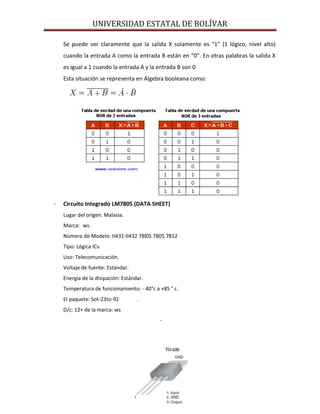 UNIVERSIDAD ESTATAL DE BOLÍVAR

    Se puede ver claramente que la salida X solamente es "1" (1 lógico, nivel alto)
    cuando la entrada A como la entrada B están en "0". En otras palabras la salida X
    es igual a 1 cuando la entrada A y la entrada B son 0
    Esta situación se representa en Álgebra booleana como:




-   Circuito Integrado LM7805 (DATA SHEET)
    Lugar del origen: Malasia.
    Marca: ws.
    Número de Modelo: tl431 tl432 78l05 7805 7812
    Tipo: Lógica ICs.
    Uso: Telecomunicación.
    Voltaje de fuente: Estándar.
    Energía de la disipación: Estándar.
    Temperatura de funcionamiento: - 40°c a +85 ° c.
    El paquete: Sot-23to-92         .
    D/c: 12+ de la marca: ws
                                            -
 