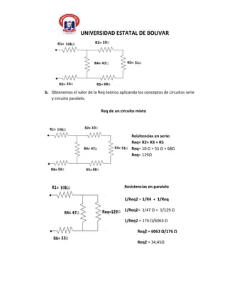UNIVERSIDAD ESTATAL DE BOLIVAR




b. Obtenemos el valor de la Req teórico aplicando los conceptos de circuitos serie
   y circuito paralelo.

                              Req de un circuito mixto




                                               Reisitencias en serie:
                                               Req= R2+ R3 + R5
                                               Req= 10 Ω + 51 Ω + 68Ω
                                               Req= 129Ω




                                           Resistencias en paralelo

                                           1/Req2 = 1/R4 + 1/Req

                                           1/Req2= 1/47 Ω + 1/129 Ω

                                           1/Req2 = 176 Ω/6063 Ω

                                                  Req2 = 6063 Ω/176 Ω

                                                  Req2 = 34,45Ω
 