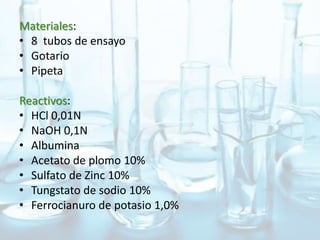 Materiales:
• 8 tubos de ensayo
• Gotario
• Pipeta
Reactivos:
• HCl 0,01N
• NaOH 0,1N
• Albumina
• Acetato de plomo 10%
• Sulfato de Zinc 10%
• Tungstato de sodio 10%
• Ferrocianuro de potasio 1,0%
 