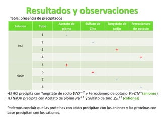 Resultados y observaciones
Solucion Tubo
Acetato de
plomo
Sulfato de
Zinc
Tungstato de
sodio
Ferrocianuro
de potasio
HCl
1 -
2 -
3 +
4 +
NaOH
5 +
6 +
7 -
8 -
•El HCl precipita con Tungstato de sodio y Ferrocianuro de potasio (aniones)
•El NaOH precipita con Acetato de plomo y Sulfato de zinc (cationes)
Podemos concluir que las proteínas con acido precipitan con los aniones y las proteínas con
base precipitan con los cationes.
Tabla: presencia de precipitados
 