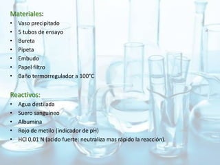 Materiales:
• Vaso precipitado
• 5 tubos de ensayo
• Bureta
• Pipeta
• Embudo
• Papel filtro
• Baño termorregulador a 100°C
Reactivos:
• Agua destilada
• Suero sanguíneo
• Albumina
• Rojo de metilo (indicador de pH)
• HCl 0,01 N (acido fuerte: neutraliza mas rápido la reacción).
 