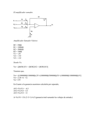 El amplificador sumador.




Amplificador Sumador Valores:

Rf = 1MΩ
R1 = 100KΩ
R2 = 500KΩ
R3 = 1MΩ
V1 = -2V
V2 = +3V
V3 = +1V

Siendo Vo;

Vo= -[(Rf/R1)V1 + (Rf/R2)V2 + (Rf/R3)V3]

Tenemos que,

Vo= -[(1000000Ω/100000Ω)-2V+(1000000Ω/500000Ω)3V+(1000000Ω/1000000Ω)1V]
Vo= -(-20 +6 +1)
Vo= 13V

En Cuanto a la ganancia asumimos calcularla por separado;

AV1=Vo/V1= -6.5
AV2=Vo/V2= 4.3
AV3=Vo/V3= 13

A=Vo/Vi= 13/(-2+3+1)=6.5 (ganancia total sumando los voltajes de entrada.)
 