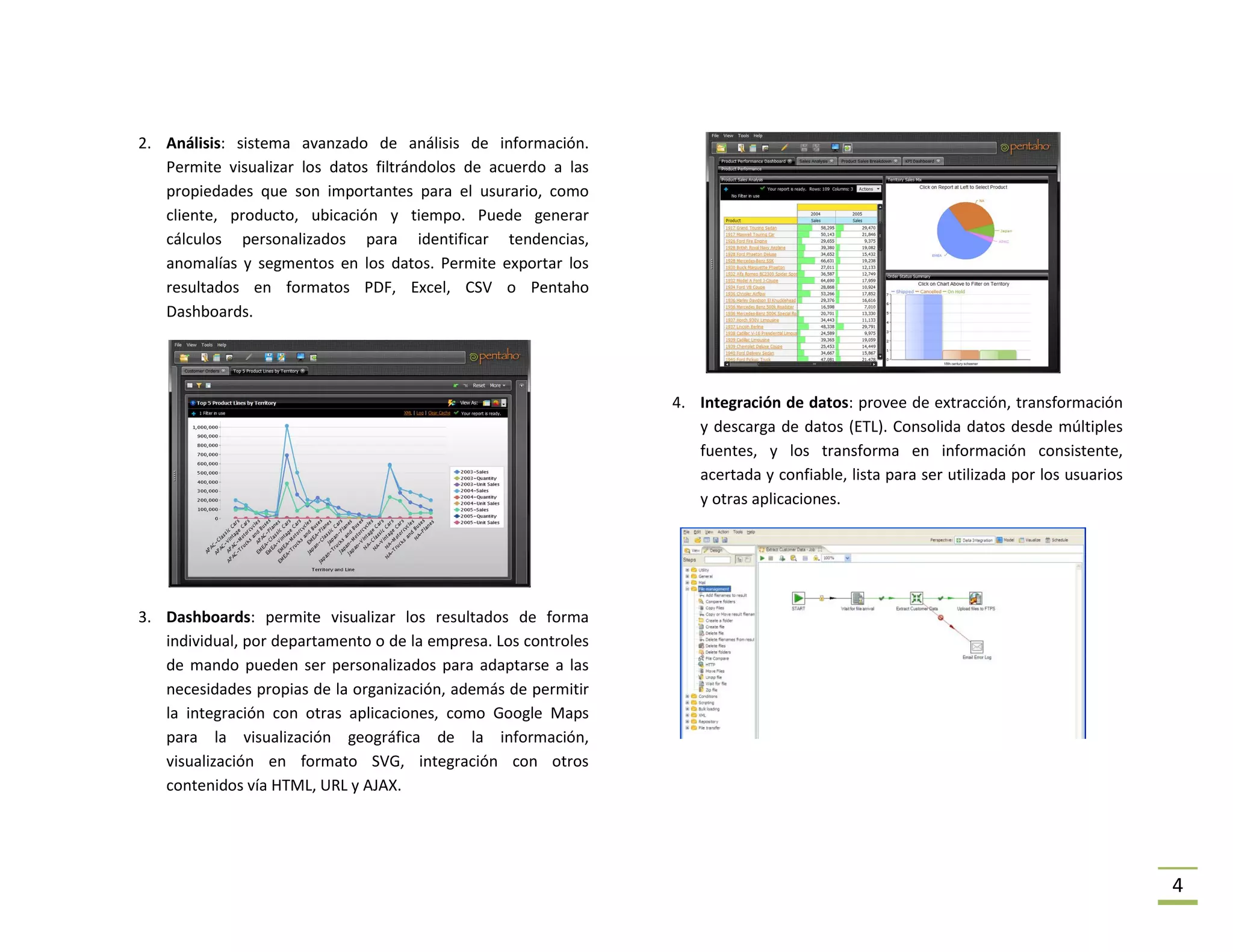 2. Análisis: sistema avanzado de análisis de información.
   Permite visualizar los datos filtrándolos de acuerdo a las
   propiedades que son importantes para el usurario, como
   cliente, producto, ubicación y tiempo. Puede generar
   cálculos personalizados para identificar tendencias,
   anomalías y segmentos en los datos. Permite exportar los
   resultados en formatos PDF, Excel, CSV o Pentaho
   Dashboards.




                                                                 4. Integración de datos: provee de extracción, transformación
                                                                    y descarga de datos (ETL). Consolida datos desde múltiples
                                                                    fuentes, y los transforma en información consistente,
                                                                    acertada y confiable, lista para ser utilizada por los usuarios
                                                                    y otras aplicaciones.




3. Dashboards: permite visualizar los resultados de forma
   individual, por departamento o de la empresa. Los controles
   de mando pueden ser personalizados para adaptarse a las
   necesidades propias de la organización, además de permitir
   la integración con otras aplicaciones, como Google Maps
   para la visualización geográfica de la información,
   visualización en formato SVG, integración con otros
   contenidos vía HTML, URL y AJAX.




                                                                                                                                      4
 
