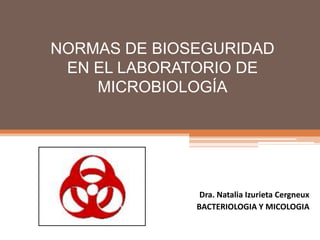 NORMAS DE BIOSEGURIDAD EN EL LABORATORIO DE MICROBIOLOGÍA Dra. Natalia Izurieta Cergneux BACTERIOLOGIA Y MICOLOGIA 