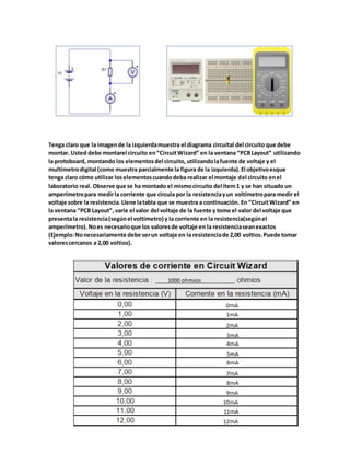 Tenga claro que la imagende la izquierdamuestra el diagrama circuital del circuito que debe
montar. Usted debe montarel circuito en“CircuitWizard” en la ventana “PCBLayout” utilizando
la protoboard, montando los elementosdel circuito, utilizandolafuente de voltaje y el
multímetrodigital (como muestra parcialmente la figura de la izquierda).El objetivoesque
tenga claro cómo utilizar loselementoscuandodeba realizar el montaje del circuito enel
laboratorio real. Observe que se ha montado el mismocircuito del ítem1 y se han situado un
amperímetropara medirla corriente que circula por la resistenciayun voltímetropara medir el
voltaje sobre la resistencia. Llene latabla que se muestra a continuación. En “CircuitWizard” en
la ventana “PCB Layout”,varíe el valor del voltaje de la fuente y tome el valor del voltaje que
presentala resistencia(segúnel voltímetro) y la corriente en la resistencia(segúnel
amperímetro).Noes necesarioque los valoresde voltaje en la resistenciaseanexactos
(Ejemplo:Nonecesariamente debe serun voltaje en la resistenciade 2,00 voltios.Puede tomar
valorescercanos a 2,00 voltios).
 