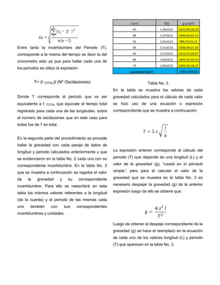 Entre tanto la incertidumbre del Periodo (T),
corresponde a la misma del tiempo es decir la del
cronometro esto ya que para hallar cada una de
los periodos se utilizo la expresión:
T= (t TOTAL)/ (Nº Oscilaciones)
Donde T corresponde al periodo que va ser
equivalente a t TOTAL que equivale al tiempo total
registrado para cada una de las longitudes, sobre
el número de oscilaciones que en este caso para
todos fue de 7 en total.
En la segunda parte del procedimiento se procede
hallar la gravedad con cada pareja de datos de
longitud y periodo calculados anteriormente y que
se evidenciaron en la tabla No. 2 cada uno con su
correspondiente incertidumbre. En la tabla No. 3
que se muestra a continuación se registra el valor
de la gravedad y su correspondiente
incertidumbre. Para ello se reescribirá en esta
tabla los mismos valores referentes a la longitud
(de la cuerda) y el periodo de las mismas cada
uno también con sus correspondientes
incertidumbres y unidades.
I (cm) T(S) g (cm/s²)
43 1,30±0,01 1010,39±28,20
48 1,37±0,01 1004,03±25,52
53 1,45±0,01 989,97±23,12
58 1,51±0,01 1008,04±21,93
63 1,57±0,01 1014,55±20,67
68 1,64±0,01 1003,35±19,19
73 1,69±0,01 1009,04±18,27
g promedio (cm/s²) 1005,63±8,06
Tabla No. 3
En la tabla se muestra los valores de cada
gravedad calculados para el cálculo de cada valor
se hizo uso de una ecuación o expresión
correspondiente que se muestra a continuación:
La expresión anterior corresponde al cálculo del
periodo (T) que depende de una longitud (L) y el
valor de la gravedad (g), “usada en el péndulo
simple”, pero para el calcular el valor de la
gravedad que se muestra en la tabla No. 3 es
necesario despejar la gravedad (g) de la anterior
expresión luego de ello se obtiene que:
Luego de obtener el despeje correspondiente de la
gravedad (g) se hace el reemplazo en la ecuación
de cada uno de los valores longitud (L) y periodo
(T) que aparecen en la tabla No. 3.
 