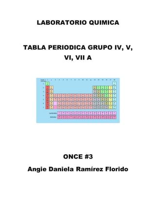 LABORATORIO QUIMICA
TABLA PERIODICA GRUPO IV, V,
VI, VII A
ONCE #3
Angie Daniela Ramírez Florido
 