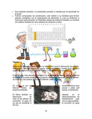 30
 Son bastante reactivos. La reactividad aumenta a medida que se desciende en
el grupo.
 Forman compuestos de coordinación, esto debido a su facilidad para formar
enlaces covalentes con la participación de electrones d y por su tendencia a
reaccionar químicamente en diferentes estado de oxidación estables y a cambiar
con relativa facilidad de unos estados de oxidación a otros.
Usos y aplicaciones de los elementos del grupo 4
Titanio.
El titanio es utilizado principalmente en aleaciones para la fabricación de aviones,
helicópteros, blindaje, buques de guerra, naves espaciales y misiles. Esto debido a
que estas aleaciones son bastante fuertes y resistentes a la corrosión.
El compuesto más abundante de titanio es el dióxido de titanio, el cual podemos
encontrar en la pasta dental, pintura, papel y en algunos plásticos. De igual manera,
el cemento y las piedras preciosas contienen óxido de titanio.
Es común el uso de dióxido de titanio para
fabricar cañas de pescar y palos golf
proporcionándoles dureza y resistencia.
El titanio también es utilizado en la
fabricación de intercambiadores de
calor en las plantas de desalinización (que
convierten el agua de mar en agua potable),
ya que es resistente a la corrosión en agua
de mar.
 