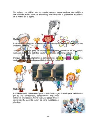 32
Sin embargo, su utilidad más importante es como piedra preciosa, esto debido a
que presenta un alto índice de refracción y atractivo visual, lo que lo hace abundante
en el mundo de la joyería.
Hafnio.
Este elemento se emplea en la elaboración de filamentos eléctricos en aleación con
wolframio y tántalo.
También se emplea, junto al circonio como material estructural en las plantas
nucleares de energía, debido a su alta resistencia a altas temperaturas.
De igual manera, se emplean en la elaboración de barras de control para reactores
nucleares, ya que tiene la capacidad de absorber neutrones.
Rutherfordio.
El rutherfordio es un elemento químico artificial de origen sintético y que se identifica
por su alta radiactividad, conociéndose muy poco
sobre sus propiedades. Por tal razón, no posee utilidad
comercial. Su uso más común es en la investigación
científica.
 