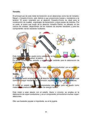 35
Vanadio.
El principal uso de este metal de transición es en aleaciones como las de Vanadio-
Níquel y Vanadio-Cromo, esto debido a que proporciona dureza y resistencia a la
tensión. El acero originado por al aleación Vanadio-Cromo es ideal para la
construcción de muelles, engranajes de transmisión y otras piezas de motores. Por
su parte, el acero que surge de la aleación Vanadio-Titanio, es utilizado en los
cascos de cohetes, alojamientos de los motores de aviones reactores y para los
componentes de los reactores nucleares.
Este metal también es usado como catalizador en la elaboración de ácido sulfúrico
(H2SO4), llegando a sustituir al platino.
Es usado como agente reductor y como agente oxidante para la elaboración de
ácido maleico.
El vanadio se utiliza para originar un imán de superconductividad con un campo de
175,000 gauss.
Niobio.
El niobio es usado ampliamente en la aleación con el acero inoxidable, debido a que
suministra mayor resistencia a la corrosión, especialmente a altas temperaturas.
El niobio en estado puro posee propiedades adecuados para ser usado como
material de construcción para plantas de energía nuclear.
Este metal a estar aleado con el estaño, titanio o circonio, se emplea en la
elaboración de súper-conductores y es un componente primordial en muchas súper-
aleaciones.
Otro uso bastante popular e importante, es en la joyería.
 