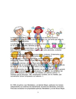 5
Tabla Periódica
La tabla periódica es un esquema que incluye a los elementos químicos
dispuestos por orden de número atómico creciente y en una forma que refleja la
estructura de los elementos.
Los elementos están ordenados en siete hileras horizontales, llamadas periodos, y
en 18 columnas verticales, llamadas grupos.
El primer periodo (la primera hilera), que contiene dos elementos, el hidrógeno y el
helio, y los dos periodos siguientes, cada uno con ocho elementos, se llaman
periodos cortos.
Los periodos restantes, llamados periodos largos, contienen 18 elementos en el
caso de los periodos 4 y 5, o 32 elementos en el del periodo 6.
El periodo largo 7 incluye el grupo de los actínidos, que ha sido completado
sintetizando núcleos radiactivos más allá del elemento 92, el uranio.
Los grupos o columnas verticales de la tabla periódica se clasifican
tradicionalmente de izquierda a derecha utilizando números romanos seguidos de
las letras 'A' o 'B', en donde la 'B' se refiere a los elementos de transición.
Todos los elementos de un grupo presentan una gran semejanza y, por lo general,
difieren de los elementos de los demás grupos. Por ejemplo, los elementos del
grupo IA, a excepción del hidrógeno, son metales con valencia química +1;
mientras que los del grupo VIIA, exceptuando el ástato, son no metales, que
normalmente forman compuestos con valencia -1.
En 1869, el químico ruso Mendeleiev, y el alemán Meyer, publicaron de manera
independiente sus sistemas de ordenamiento de todos los elementos conocidos.
Para esto se basaron en propiedades químicas Mendeleiev y en las físicas Meyer.
 