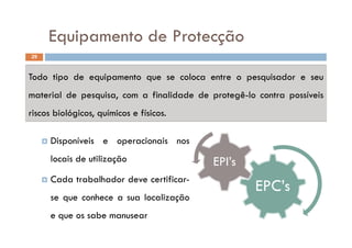 Equipamento de ProtecçãoEquipamento de Protecção
29
Todo tipo de equipamento que se coloca entre o pesquisador e seu
material de pesquisa com a finalidade de protegê-lo contra possíveismaterial de pesquisa, com a finalidade de protegê-lo contra possíveis
riscos biológicos, químicos e físicos.
 Disponíveis e operacionais nos
locais de utilização
 Cada trabalhador deve certificar-
C’
EPI’s
 Cada trabalhador deve certificar-
se que conhece a sua localização
EPC’s
e que os sabe manusear
 
