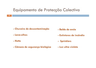 Equipamento de Protecção ColectivaEquipamento de Protecção Colectiva
57
- Chuveiro de descontaminação
L lh
- Balde de areia
- Lava-olhos
- Hotte
- Extintores de incêndio
- Sprinklerso e Sprinklers
- Luz ultra violeta- Câmara de segurança biológica
 