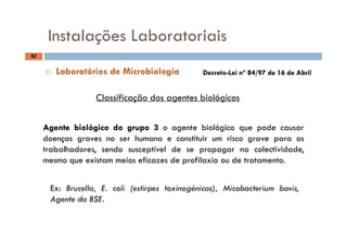 Instalações Laboratoriais
82
Instalações Laboratoriais
Cl ifi ã d bi ló i
DecretoDecreto--Lei nº 84/Lei nº 84/97 de 16 de Abril97 de 16 de Abril Laboratórios de Microbiologia
Classificação dos agentes biológicos
AgenteAgente biológicobiológico dodo grupogrupo 33 o agente biológico que pode causar
doenças graves no ser humano e constituir um risco grave para os
trabalhadores sendo susceptível de se propagar na colectividadetrabalhadores, sendo susceptível de se propagar na colectividade,
mesmo que existam meios eficazes de profilaxia ou de tratamento.
Ex: Brucella, E. coli (estirpes toxinogénicas), Micobacterium bovis,
Agente da BSE.
 