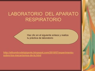LABORATORIO DEL APARATO
         RESPIRATORIO


                   Haz clic en el siguiente enlace y realiza
                   tu práctica de laboratorio




http://elhombrodelgigante.blogspot.com/2010/07/experimento-
sobre-los-mecanismos-de-la.html
 