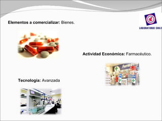 Elementos a comercializar:  Bienes. Actividad Económica:  Farmacéutico. Tecnología:  Avanzada 