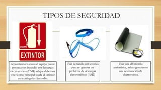 TIPOS DE SEGURIDAD
dependiendo la causa el equipo puede
presentar un incendio por descargas
electrostáticas (ESD) así que debemos
tener como principal ayuda el extintor
para extinguir el incendio.
Usar la manilla anti estática
para no generar un
problema de descargas
electrostáticas (ESD)
Usar una alfombrilla
antiestática, así no generamos
una acumulación de
electrostática.
 