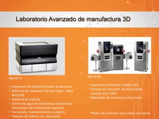 Laboratorio Avanzado de manufactura 3D

Opción A

Opción B

• Impresora 3D Objet30 Scholar profesional
• Material de impresión 3D azul rígido Objet
RGD240)
• Material de soporte
• Chorro de agua de sobremesa (sistema de
eliminación del material de soporte)
• Formación, mantenimiento y soporte
• Paquete de relleno con descuento

• Impresora Dimension 1200es SST.
• Sistema de remoción de material de
soporte SCA-1200.
• Materiales de suministro para inicio.

*Pedir más informes para estas soluciones

 