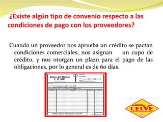 ¿Existe algún tipo de convenio respecto a las condiciones de pago con los proveedores? Cuando un proveedor nos aprueba un crédito se pactan condiciones comerciales, nos asignan  un cupo de crédito, y nos otorgan un plazo para el pago de las obligaciones, por lo general es de 60 días.  