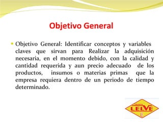Objetivo General  Objetivo General: Identificar conceptos y variables  claves que sirvan para   Realizar la adquisición necesaria, en el momento debido, con la calidad y cantidad requerida y aun precio adecuado  de los productos,  insumos o materias primas  que la empresa requiera dentro de un periodo de tiempo determinado. 