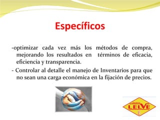 Específicos -optimizar cada vez más los métodos de compra, mejorando los resultados en  términos de eficacia, eficiencia y transparencia. - Controlar al detalle el manejo de Inventarios para que no sean una carga económica en la fijación de precios. 