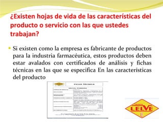 ¿Existen hojas de vida de las características del producto o servicio con las que ustedes trabajan?  Si existen como la empresa es fabricante de productos para la industria farmacéutica, estos productos deben estar avalados con certificados de análisis y fichas técnicas en las que se especifica En las características del producto 