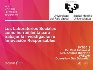 Los Laboratorios Sociales
como herramienta para
trabajar la Investigación e
Innovación Responsables
29/6/2018
Dr. Raúl Tabarés &
Dra. Antonia Bierwirth
#REyAN
Donostia – San Sebastián
 