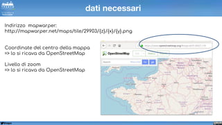 @napo
dati necessari
Indirizzo mapwarper:
http://mapwarper.net/maps/tile/29903/{z}/{x}/{y}.png
Coordinate del centro della mappa
=> lo si ricava da OpenStreetMap
Livello di zoom
=> lo si ricava da OpenStreetMap
 