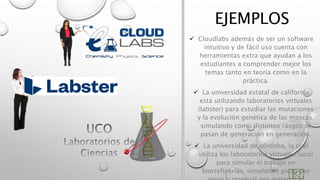 EJEMPLOS
 Cloudlabs además de ser un software
intuitivo y de fácil uso cuenta con
herramientas extra que ayudan a los
estudiantes a comprender mejor los
temas tanto en teoría como en la
práctica.
 La universidad estatal de california
está utilizando laboratorios virtuales
(labster) para estudiar las mutaciones
y la evolución genética de las moscas,
simulando como distintos rasgos se
pasan de generación en generación.
 La universidad de córdoba, la cual
utiliza los laboratorios virtuales (uco)
para simular el trabajo en
biorrefinerías, simulando pieza por
 
