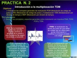 Introducción a la multiplexación TDM
PAM: Es la modulación
digital más sencilla,
implica cambiar la
amplitud de la señal a
una frecuencia fija según
el símbolo a transmitir.
PWM: la modulación de
ancho de pulso es una señal
de voltaje que se utiliza para
enviar información o
modificar la energía enviada
a la carga.
PCM: modulación de
código de pulso. es
básicamente un método de
conversión de señales
analógicas en digitales,
mientras que PCM
siempre implica una
modulación de amplitud de
pulso previa.
TDM: La multiplexación por
división de tiempo es una
tecnología que permite la
transmisión de señales
digitales, su idea es ocupar
canales de transmisión de
diferentes fuentes, para
aprovechar mejor el medio de
transmisión.
Objetivos:
1Introducir los conceptos generales de modulación PCM (Modulación de código de
pulso) o MIC (Modulación de código de pulso) y multiplexación TDM (Multiplexación por
división de tiempo) o MDT (Modulación por división de tiempo).
Pre Laboratorio:
1. Estudiar los conceptos y aspectos generales sobre modulación por impulsos PAM, PWM,
PCM y TDM.
 
