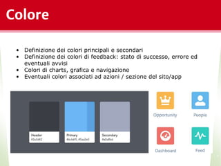 Colore
*
• Definizione dei colori principali e secondari
• Definizione dei colori di feedback: stato di successo, errore ed
eventuali avvisi
• Colori di charts, grafica e navigazione
• Eventuali colori associati ad azioni / sezione del sito/app
 