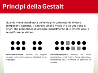 Principi della Gestalt
Quando viene visualizzata un’immagine composta da diverse
componenti caotiche, il cervello umano mette in atto una serie di
azioni che permettono di ordinare mentalmente gli elementi visivi e
semplificare la visione.
*
 