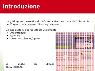Introduzione
*
Un grid system permette di definire la struttura base dell’interfaccia
per l’organizzazione gerarchica degli elementi.
Un grid system è composto da 3 elementi:
• Area/Modulo
• Colonne
• Distanza colonne / gutter
Le griglie più diffuse sono composte
da 12 colonne.
 