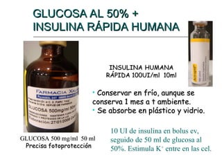 GLUCOSA AL 50% +
GLUCOSA AL 50% +
INSULINA RÁPIDA HUMANA
INSULINA RÁPIDA HUMANA
INSULINA
INSULINA HUMANA
HUMANA
RÁPIDA 100UI/ml 10ml
RÁPIDA 100UI/ml 10ml
GLUCOSA 500 mg/ml 50 ml
GLUCOSA 500 mg/ml 50 ml
Precisa fotoprotección
Precisa fotoprotección
• Conservar en frío, aunque se
Conservar en frío, aunque se
conserva 1 mes a t ambiente.
conserva 1 mes a t ambiente.
• Se absorbe en plástico y vidrio.
Se absorbe en plástico y vidrio.
10 UI de insulina en bolus ev,
seguido de 50 ml de glucosa al
50%. Estimula K+
entre en las cel.
 