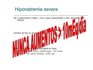 Hiponatremia severa
Na+
a administrar (mEq) = 0,6 x peso corporal(Kg) x (Na+
deseado - Na+
actual)
(Infusión de Na+
+ K/24h)- Na+
actual
Cambio de Na+
en 24 horas =
TBW + 1
TBW: Agua corporal total calculada en litros
 Adulto varón: 0,6 x peso / adulto mujer: 0,5 x peso
 Anciano: 0,5 x peso / Anciana: 0,45 x pes
 